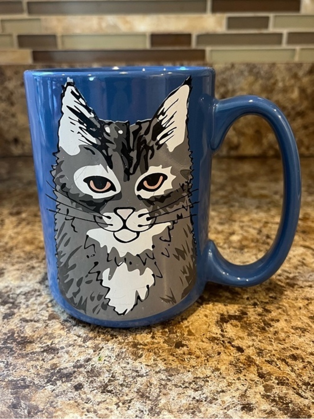 Blue Cat Ceramic Mug with Gray Tabby Design 12 oz.